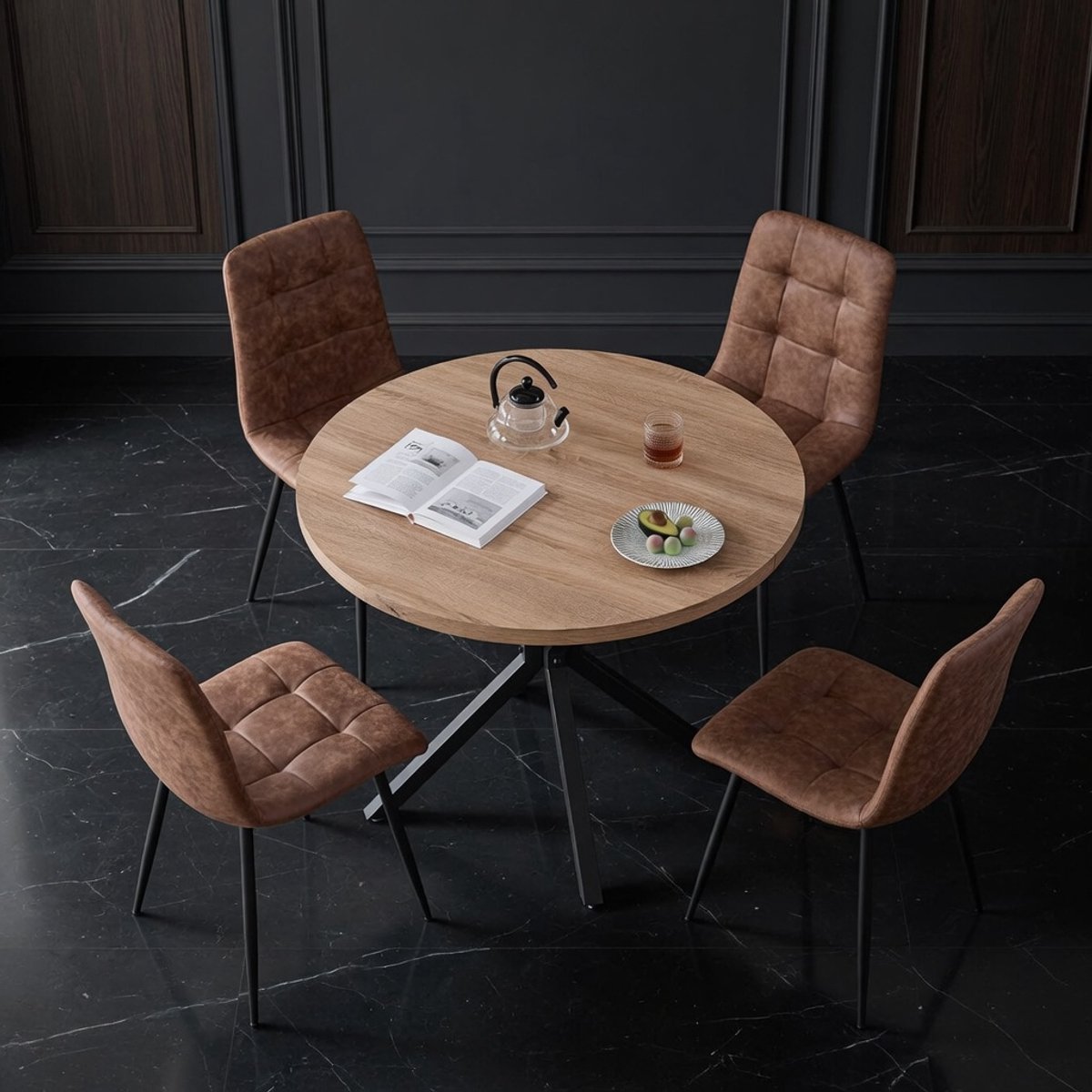 Eetkamerstoel 5-Delig – 100 cm Ronde Eettafel + 4 Lichtbruine PU-Leren Stoelen – Lichte Houtkleur – Metalen Poten – Ganeey