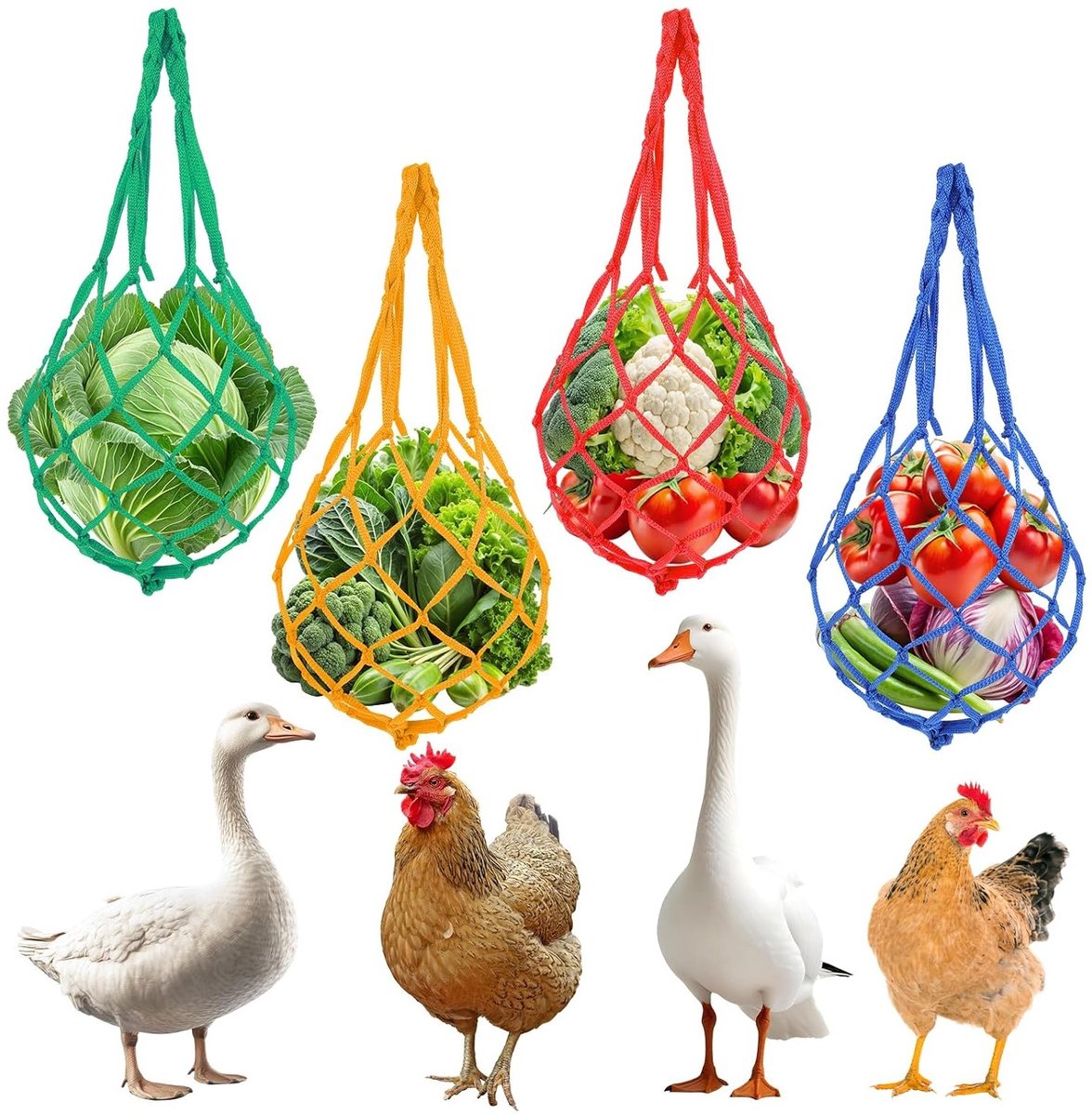 Hanging Voeder voor Kippen, 4 Stuks Nylon Netzak voor Fruit en Groenten, Praktische Speelaccessoires voor Eenden, Ganzen en Vogels