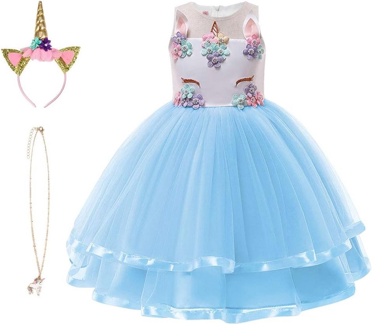Unicorn Kostuum voor Meisjes, Prinsessenjurk met Sieraden en Hoofdband voor Verjaardag, Cosplay en Halloween Feesten, Leeftijd 2-10 Jaar