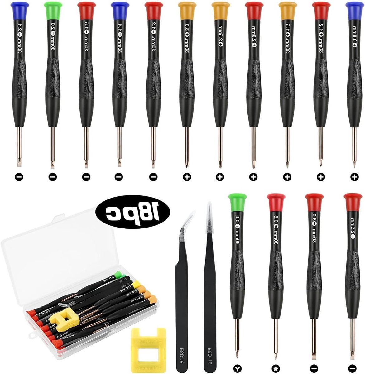 18-delige Set Met Dunne Schroevendraaiers voor Brillen en Horloges, Inclusief 15 Horloge Schroevendraaiers, 2 Pincetten, 1 Magnetizer en Opbergdoos, Ideaal voor PS4, Sieraden en Meer