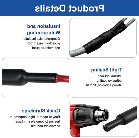 2 Meter Krimpfolie, 4:1 Krimpverhouding, Ø 12 mm, Met Lijm, Polyolefine, Zwart, Waterdicht, Isolatie, Kabelisolatie, Markering en Bescherming — afbeelding 2