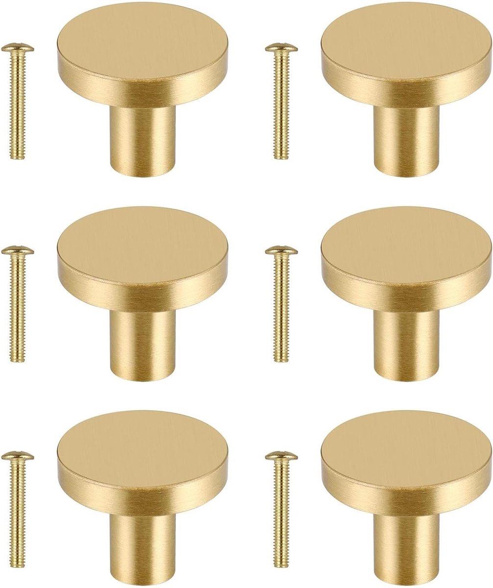 6 Stuks Massief Messing Kastknoppen met Schroeven, Vintage Ronde Ladeknoppen voor Keukenkasten, Kledingkasten en Dressoirs (25x20mm) - Duurzaam en Stijlvol Design