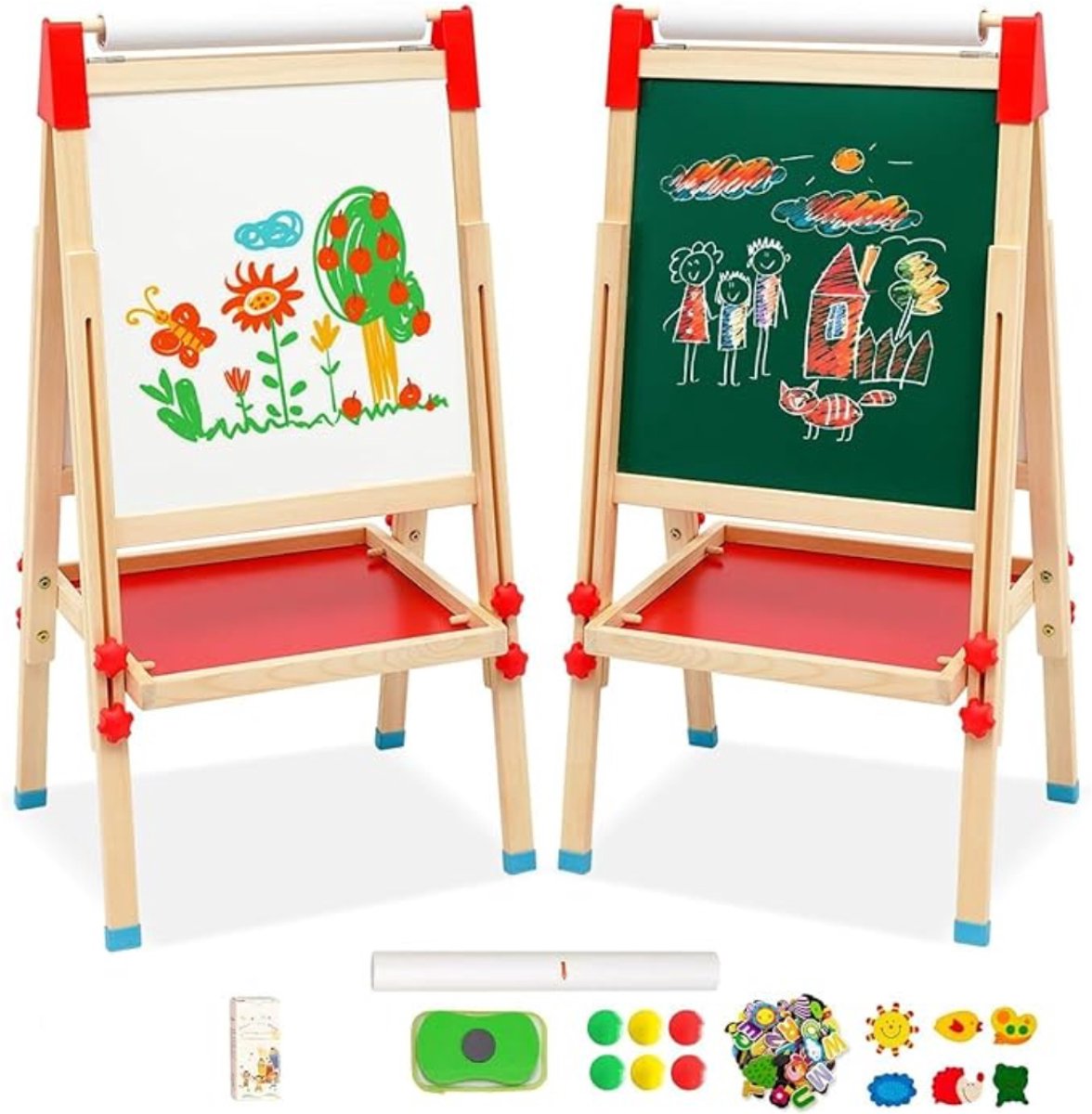 YOR® Krijtbord Staand - Krijtbord Kinderen Met Opbergruimte – Tekenbord Met Cijfers en Accessoires – Dubbelzijdig Schoolbord - Schrijfbord Uitwisbaar – Magnetisch Whiteboard – Educatief Speelgoed - Schildersezel - Bruin - 49cm x 49cm x 114cm