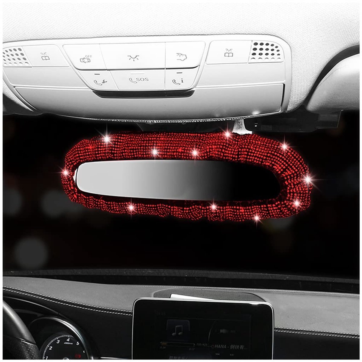 ONF3 - Bling Strass Achteruitkijkspiegel Afdekking - Auto-Interieurdecoratie - Rood - Glitter Accessoire - Geschikt voor Vrouwen - Luxe uitstraling