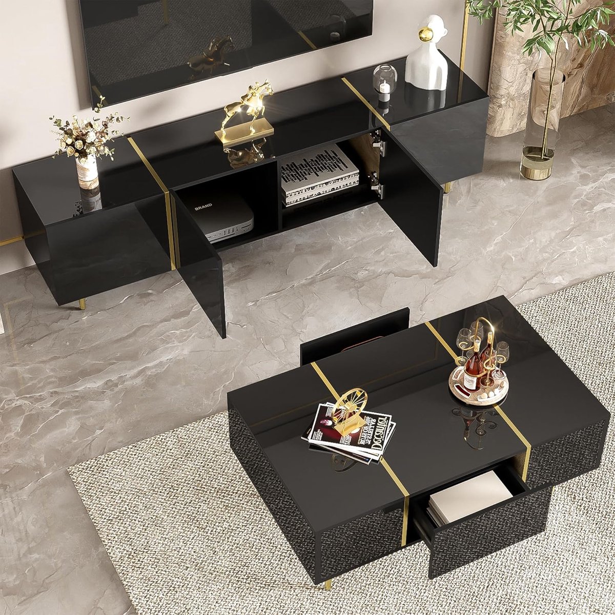 Moderne Hoogglans Zwarte TV-Meubel en Salontafel Set met Gouden Accenten 170x35x46 cm – Luxe Opbergmeubel met Soft-Close Deuren en Lades