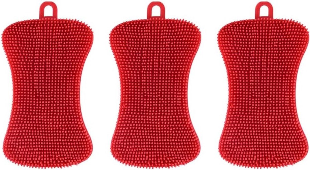 Duurzame herbruikbare siliconen afwas-sponzen, niet-krasend voor het reinigen van pannen, potten en borden - 3 stuks in rood