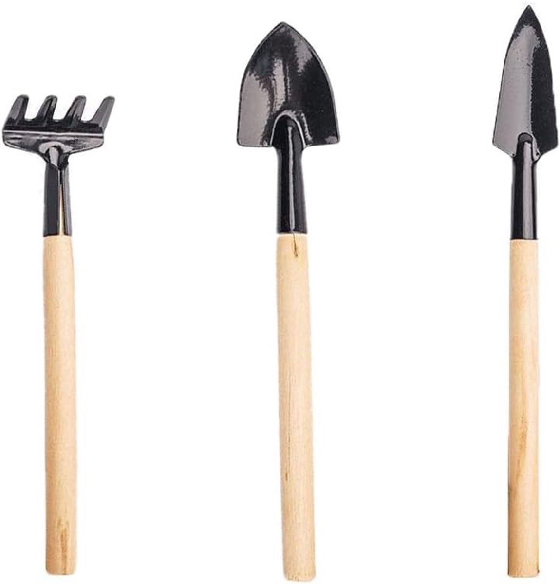 E-Ambar - 3-delige Mini Tuingereedschap Set voor Indoor Planten - Ijzeren Schop, Troffel en Hark - Handgereedschap voor Succulenten en Bonsai Tuinieren