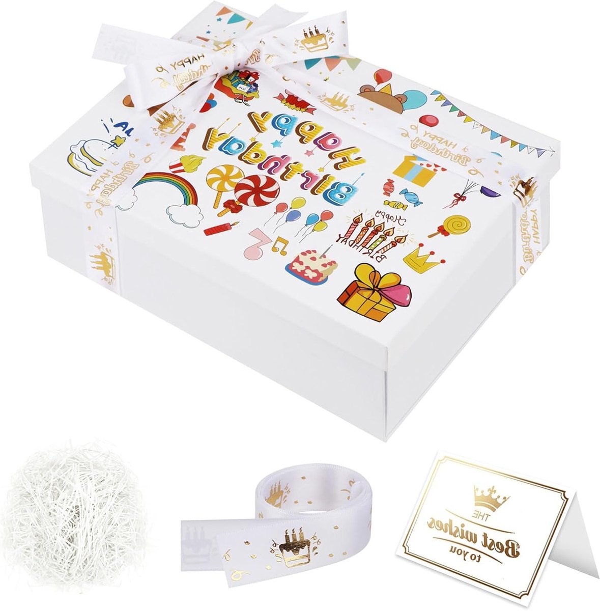 Cadeaubox met Deksel voor Kinderen, Gelukkige Verjaardag Cadeauverpakking, 25 x 18 x 8.5 cm, Inclusief Cadeautassen, Wenskaart en Gescheurd Papier