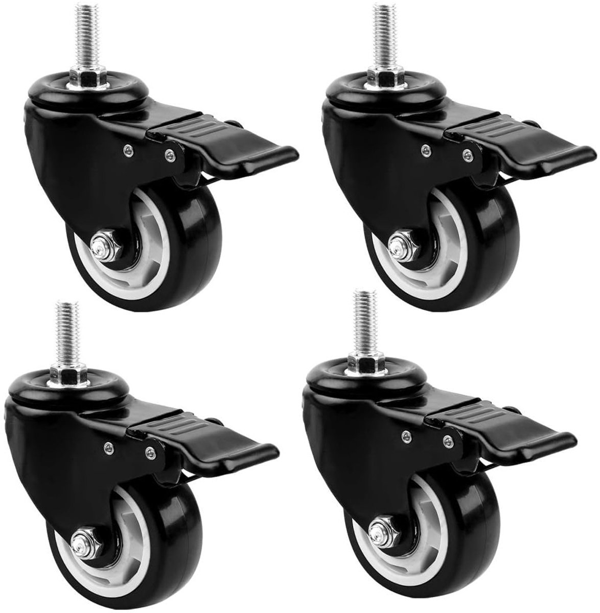 Set van 4 zwenkwielen met rem, 50 mm rubberen wielen voor meubels, M8 draad, stil en krasvrij, belastbaarheid tot 210 kg.