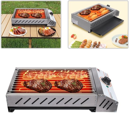 Velmio Elektrische BBQ - Camping Barbecue - 2,5 kW - 50°C-300°C - Contactgrill - Roestvrij staal - Voor Binnen en Buiten - 42×22cm - Zilver van Merkloos — afbeelding 4