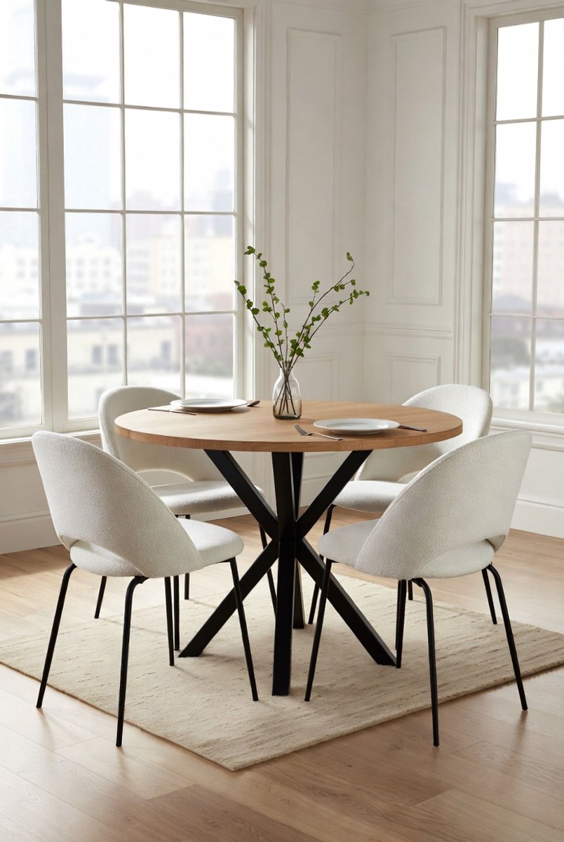 Ronde Eettafel Set 115 cm met 4 Fluwelen Stoelen Beige – Eikenlook Tafelblad, Zwarte Spiderpoten, Moderne Eetkamerset voor 4 Personen, Duurzaam & Onderhoudsvriendelijk Ganeey Luxe