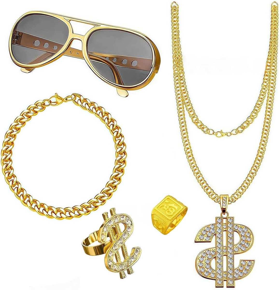 5 Stuks Hip Hop Accessoires voor Feesten, Decoraties, Kostuums en Rappers met Neppengoud Ketting en Bril