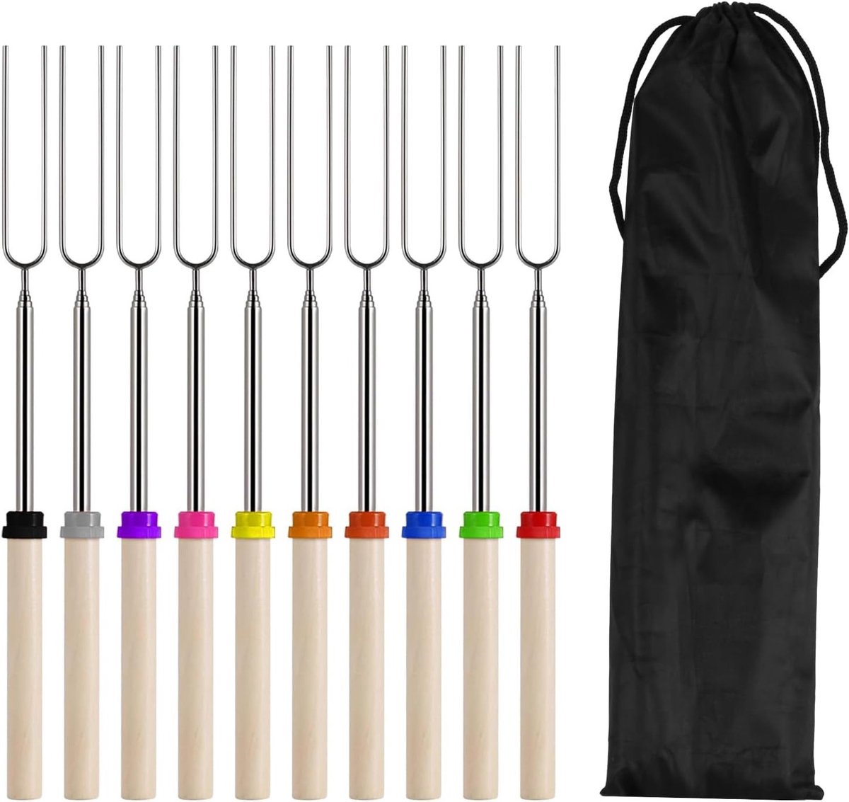 Telescopische roestvrijstalen grillspiesen (31-81 cm) voor marshmallows, shashlik en baguettes - ideaal voor kamperen, barbecueën en kampvuren met opbergtas.