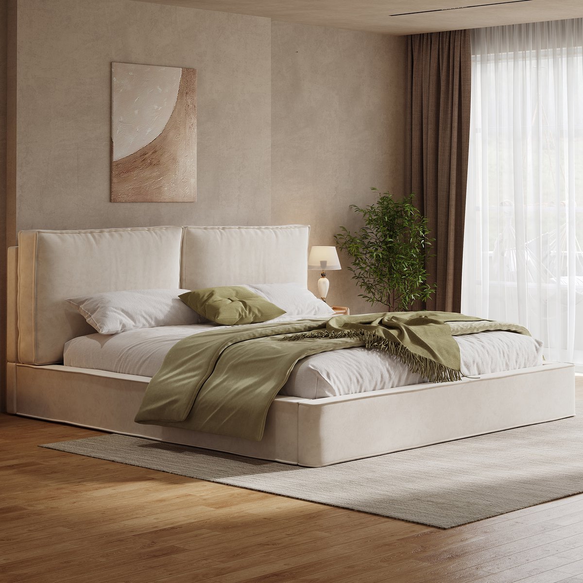 PHOEBE CAT Gestoffeerd bed - 160 x 200 cm - Chenille - Tweepersoonsbed - Beige