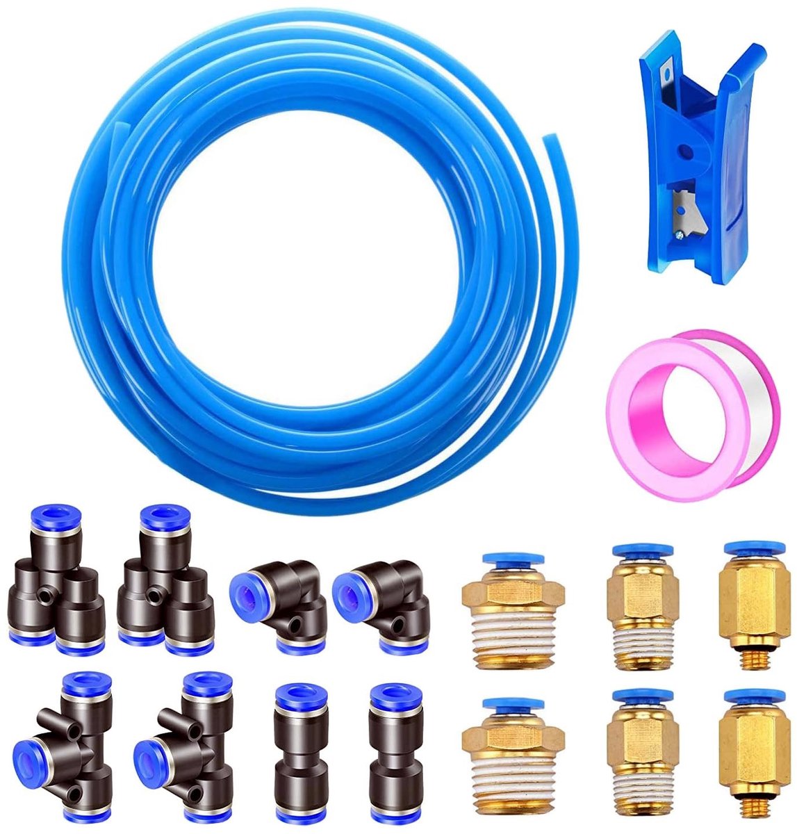 Dailygoods- Pneumatische Slang 10 m - Polyurethaan - 6 mm Buitendiameter - 14 Verbindingsstukken - Slangsnijder - Hoge Flexibiliteit - Persluchtslang