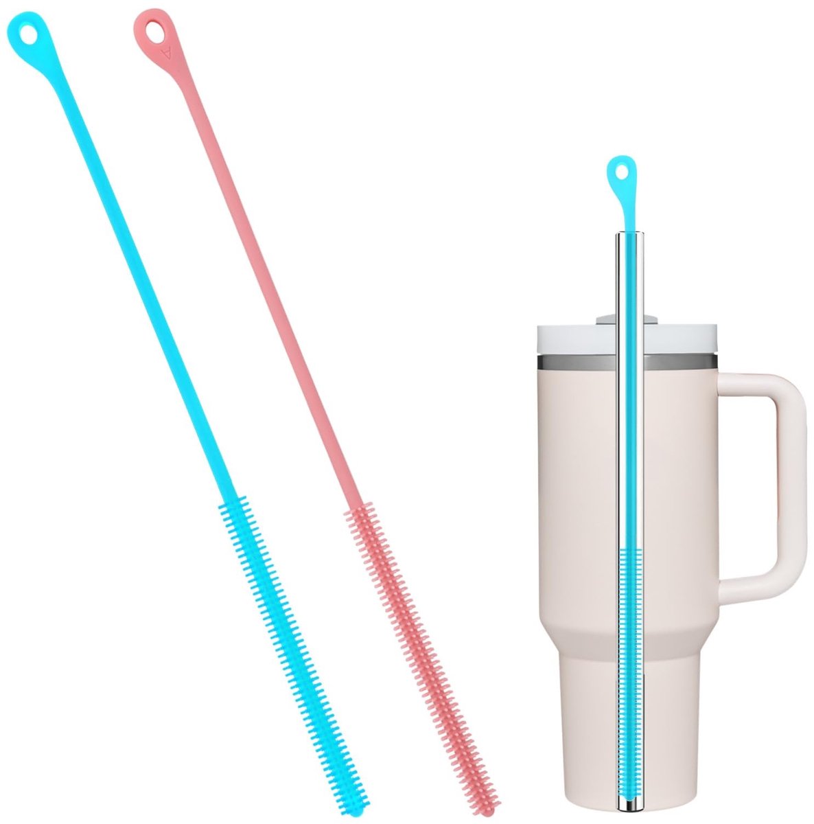 Dailygoods- Rietjesreinigingsborstel 24cm - 2 Stuks - Herbruikbaar - Siliconen/Staal - Geschikt voor Metaal/Glas/Plastic Rietjes - Flexibel en Zacht - Stroreinigers