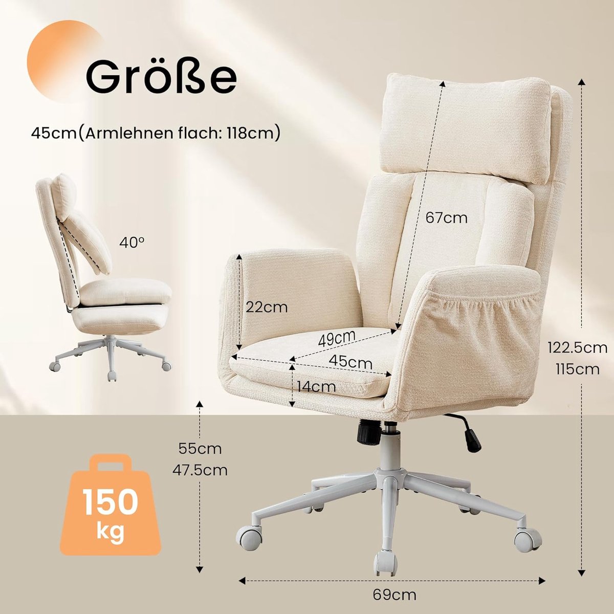 Ergonomische bureaustoel met brede zitting – House&Garden premium chefiestoel met klapbare 5D armleuningen, verstelbare lendensteun, chenille bekleding en 360° wielen – comfortabele thuiswerk stoel beige