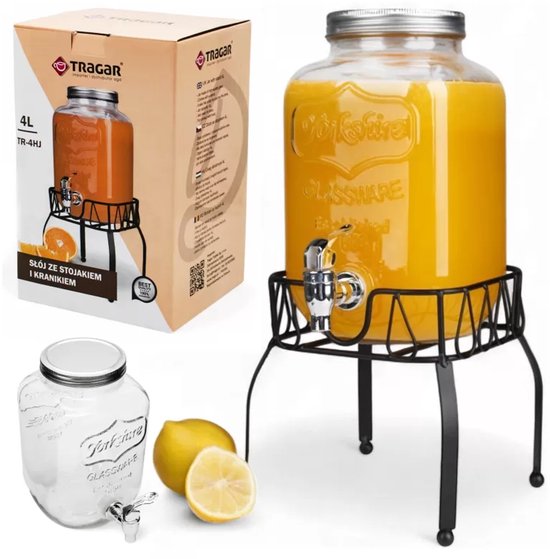 Glazen drankdispenser van 4L, gevuld met geel sap, op zwart metalen onderstel. Naast een lege glazen dispenser en citroenhelften.