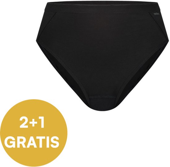 Zwarte slip met hoge taille, met een '2+1 GRATIS' sticker.