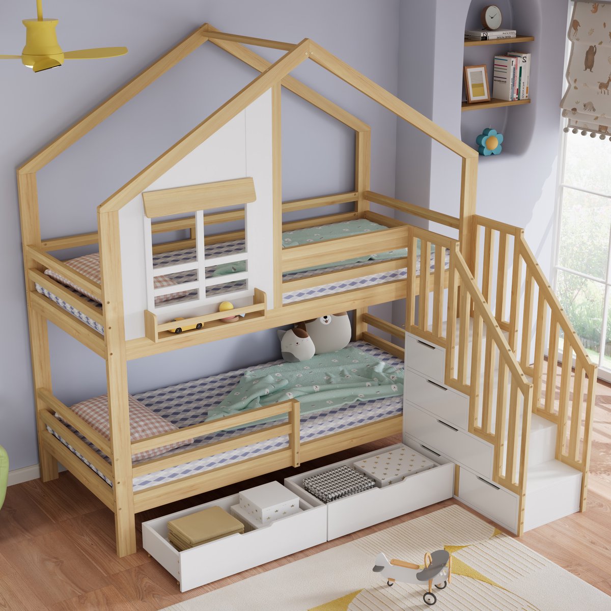 MIVRAY Stapelbed 90x200 cm - Kinderbed Met Opbergtrappen En Laden - Zonder Matras - Huisbed Van Hout En MDF - Wit Naturel
