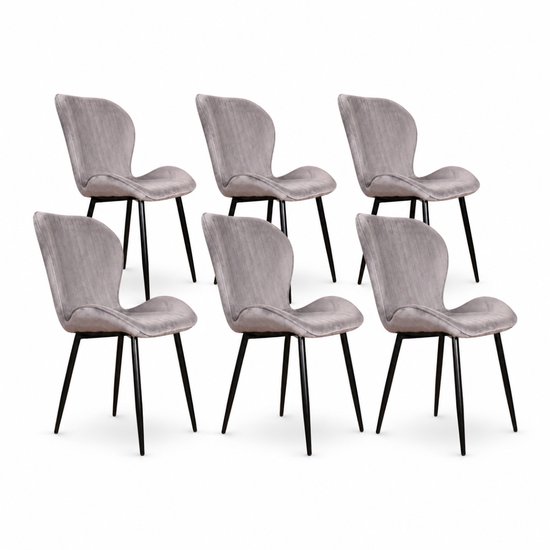 Ensemble de six chaises de salle à manger en velours gris avec pieds noirs en métal.