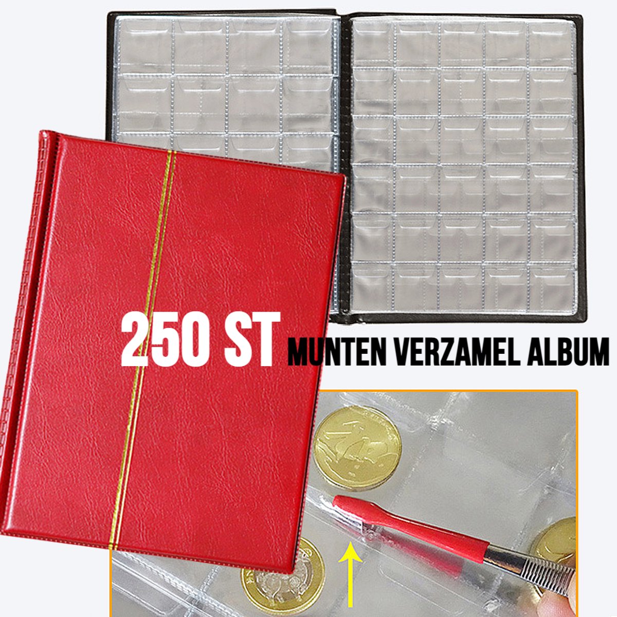 Allernieuwste.nl® Muntenalbum voor 250 Munten met Bescherm-rand tegen Uitvallen - Beginset Muntalbum - kleur album Rood