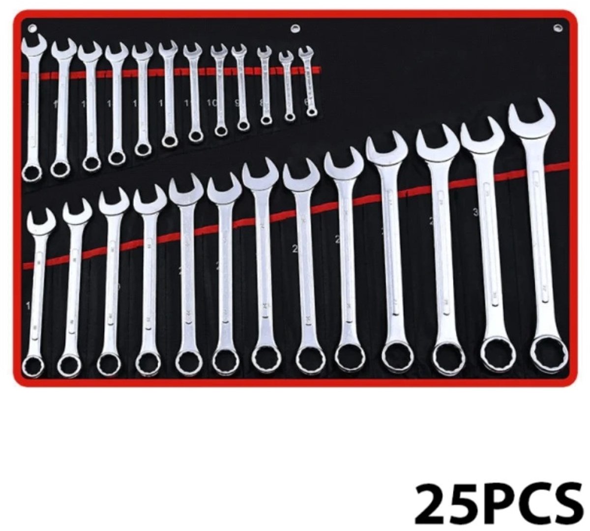 Venzor - Ratelsleutelset 25‑Delig – 6–32 mm – Dubbelzijdige Combinatiesleutels van Chroom‑Vanadium – Inclusief Canvas Gereedschapstas