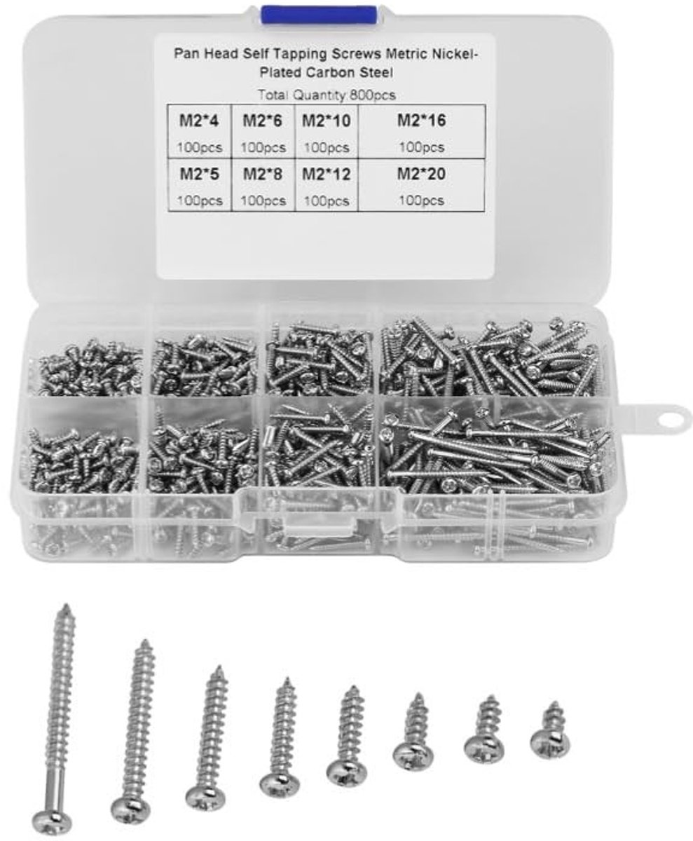 Cosensi - 800PCS M2 Fish Car Taraudeuses - Zelftappende Schroeven - Kwaliteit Carbon Staal - Pan Head - M2 Draad - Geschikt voor Diverse T...