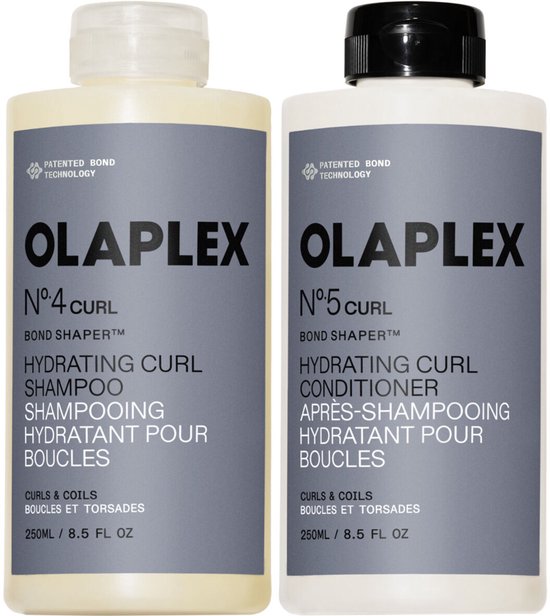 Olaplex No.4 Curl Hydrating Curl Shampoo en No.5 Curl Hydrating Curl Conditioner, beide in 250ml flacons.