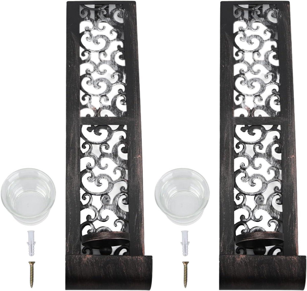 Wandkandelaars Set - Metalen Kaarshouders - Sfeervolle Decoratie - Elegant Hol Ontwerp - Set van 2 - Antiek