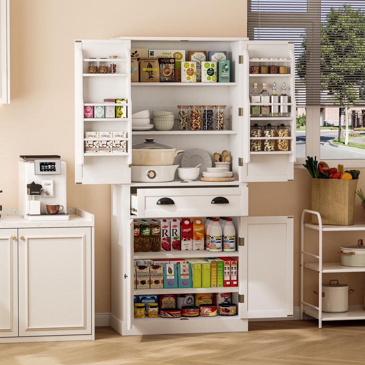 Keukenkast - Opbergkast van 182 cm, 4 deuren en 1 lade, 2 deuren met planken, 6 opbergvakken en 4 verstelbare planken, geschikt voor keuken, eetkamer en woonkamer, wit