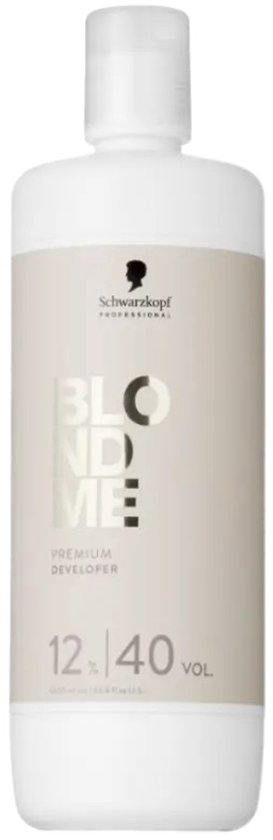 Schwarzkopf BLONDME Premium Developer 12% 40 Vol. in een grote witte fles met crème-kleurig label.