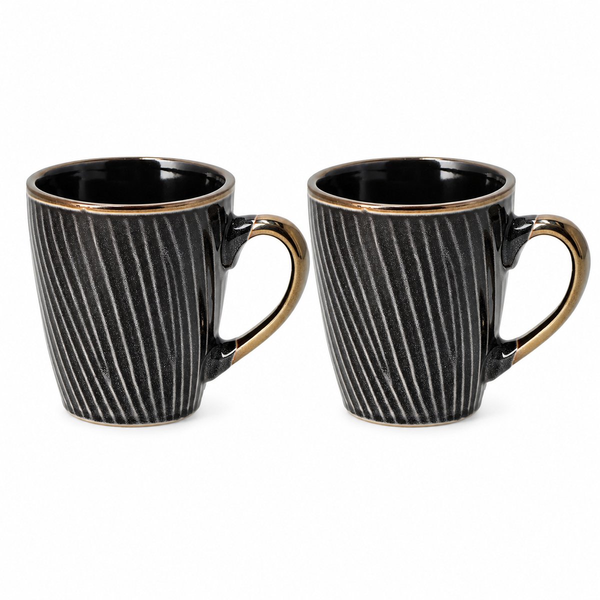 Koffiemokken Set van 2 – Keramische Mokken met Oor 200 ml – Zwart Goud – Servies voor Cappuccino, Espresso en Thee