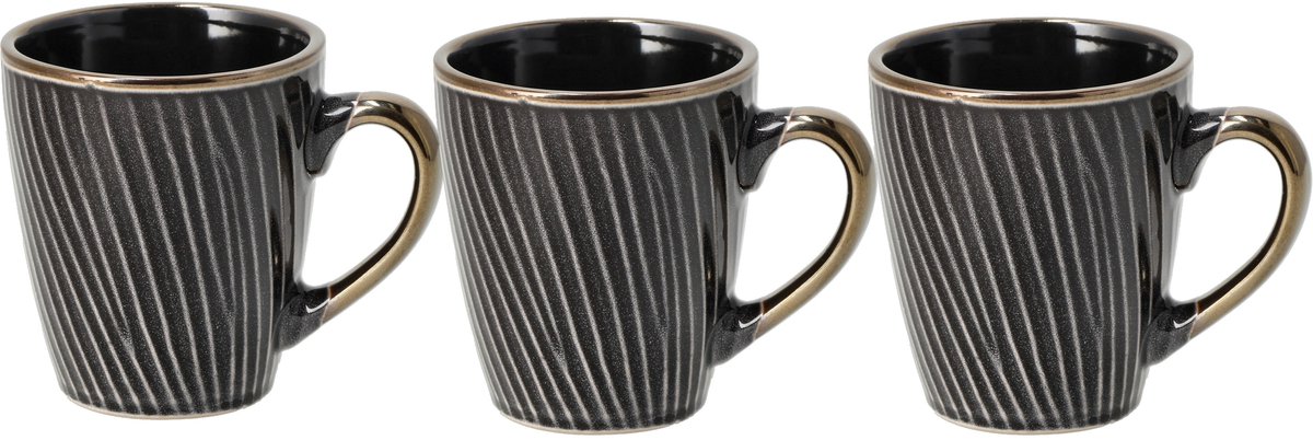 Koffiemokken Set van 3 – Keramische Mokken met Oor 200 ml – Zwart Goud – Servies voor Cappuccino, Espresso en Thee