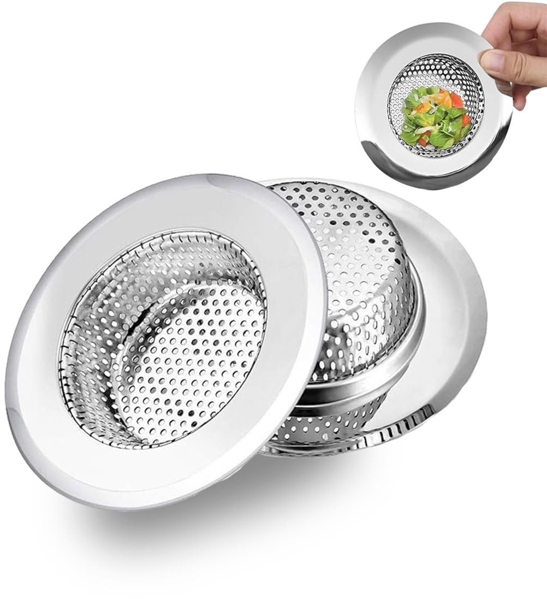 Dailygoods- Filter - Gootsteenzeef van roestvrij staal - 2 stuks - Voor afvoerhavens 43-70 mm - Microporiën 2 mm - Veilig voor vaatwasser