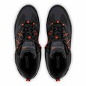 Bovenkant van zwarte wandelschoenen met grijze en oranje details.
