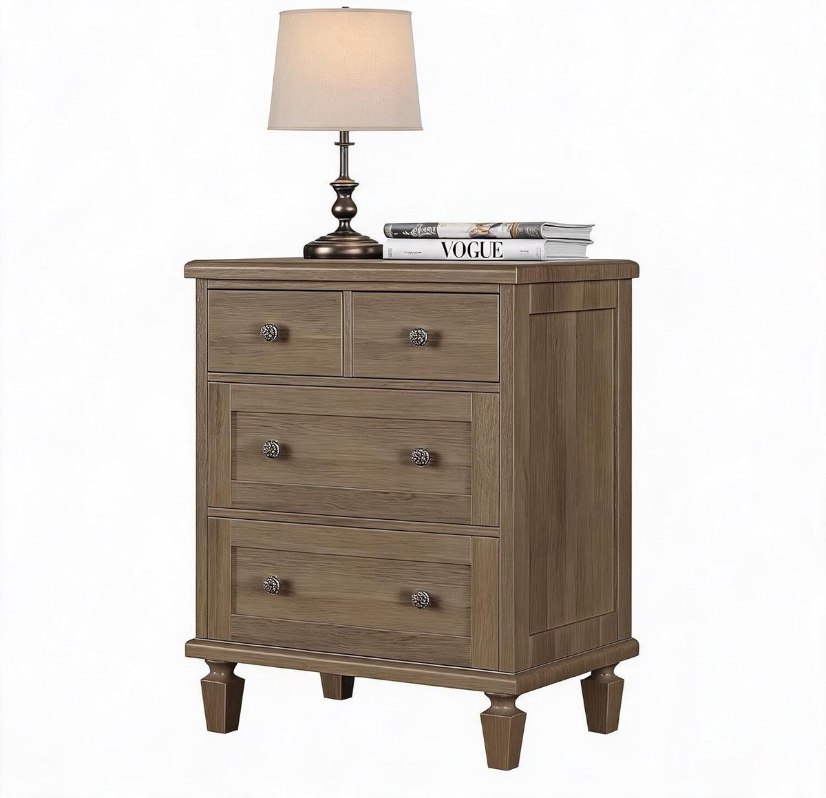 Vintage Ladekast met 4 Laden – Retro Commode van Hout – Taps Toelopende Poten – Kast voor Slaapkamer, Woonkamer en Gang – Houtlook