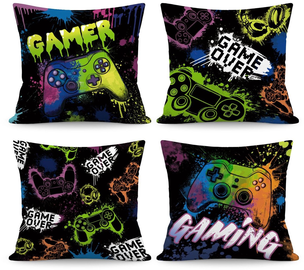 Dailygoods- Kussenhoezen Set van 4 - Fluweel - Gamer Controller Design - 45 x 45 cm - Decoratieve Kussenhoezen - Machinewasbaar - Kussenslopen