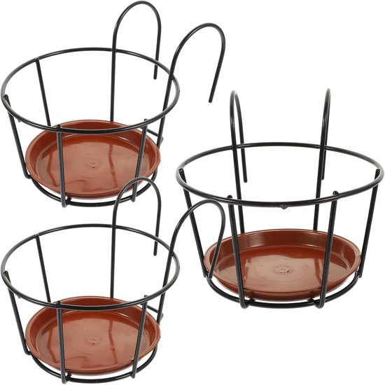 Plantenhangers - 3 Stuks - Plantenhouders - Hangende Bloempot - 16 x 16 x 9,5 cm - Met dienblad - Hangplanten houder - IJzer - Bloemenhanger voor Binnen - Muurring bloempot houder - Geschikt Voor balkon, schutting, terras, muur en tuin - Zwart