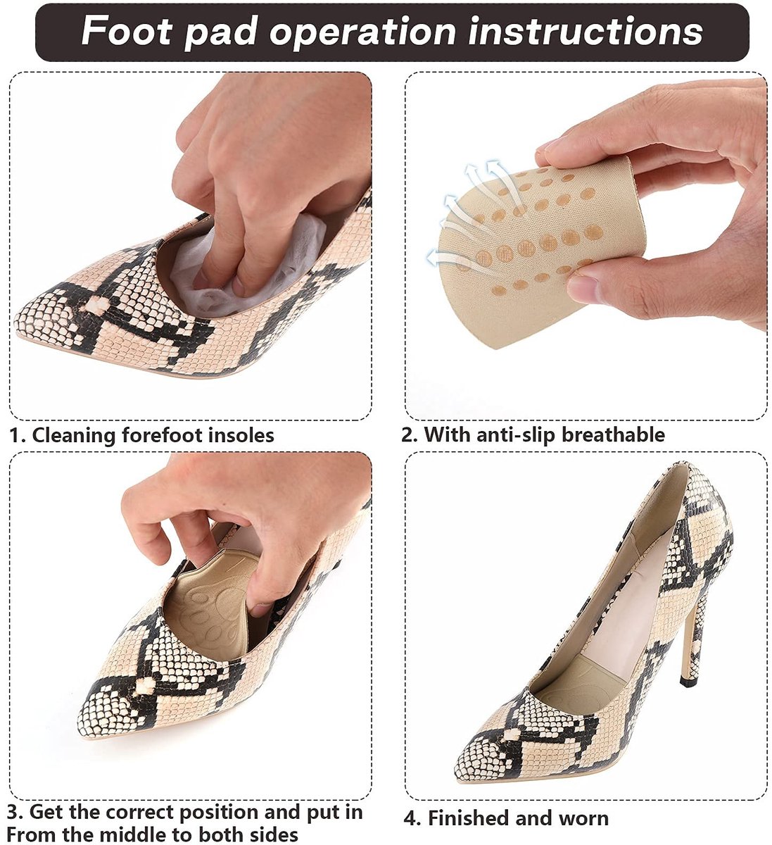 JHUBERS- Inlegzolen Hoge Hak - Geheugenschuim - Antislip - Voorvoetkussen - Pijnverlichting - 2 Stuks - Beige/Zwart - Voorkussens