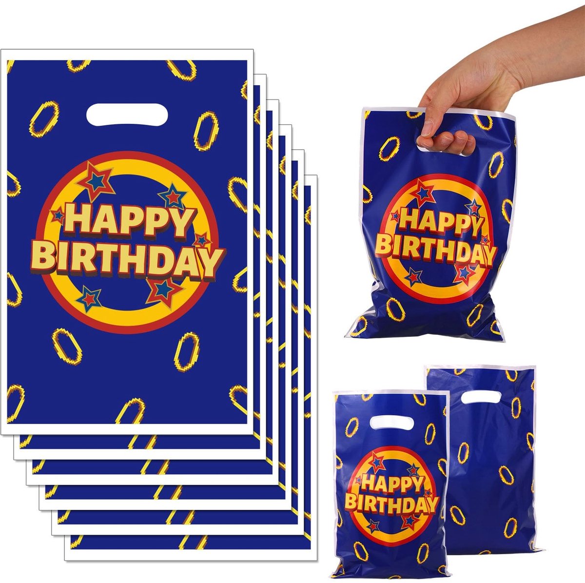 BRENZOOS - 50st Spelthema Feestcadeauzakjes - Blauw met Gouden Ringprint voor Kinderfeestdecoraties