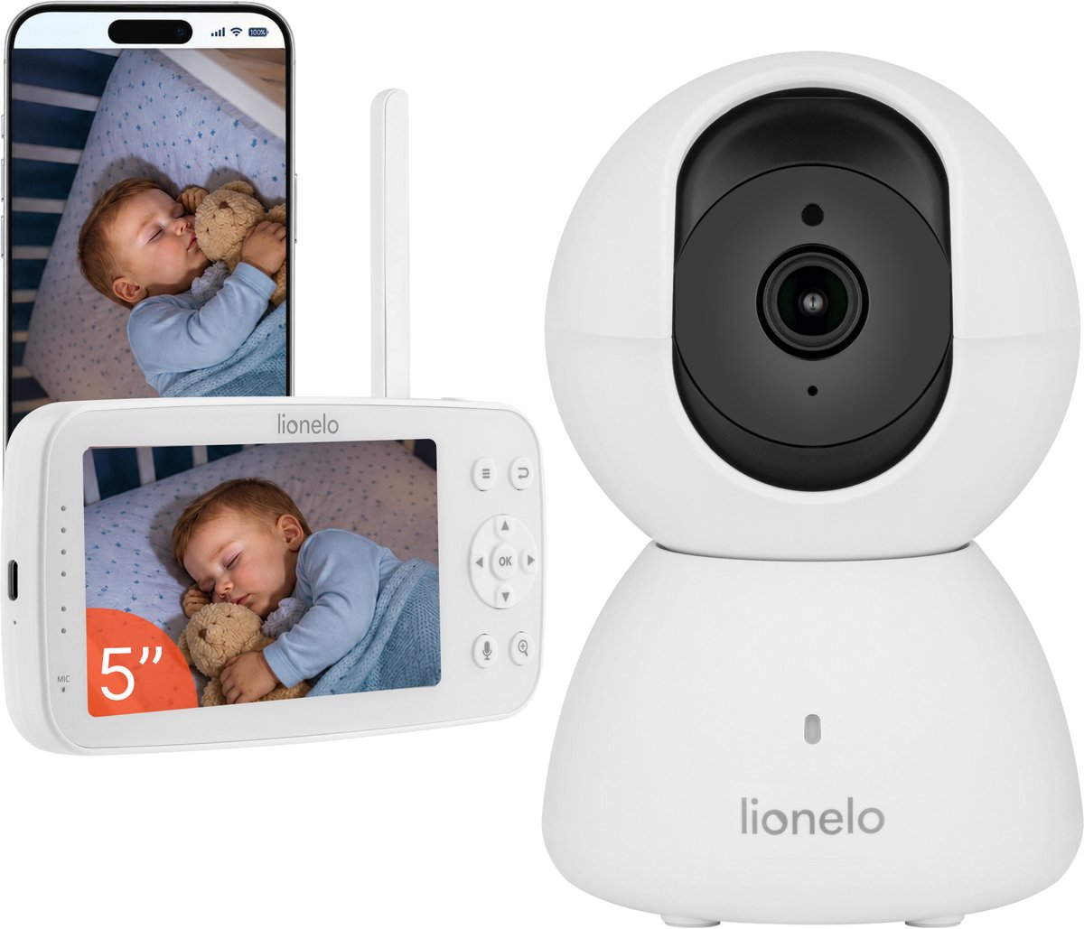 Lionelo Babyline 8.4 Babyfoon met Camera – 5 Inch Monitor en Smartphone App – Full HD 1080p – WiFi Baby Monitor – Huil-, Bewegings- en Geluidsdetectie – Night Vision – Tweeweg Communicatie – Tot 300 m Bereik