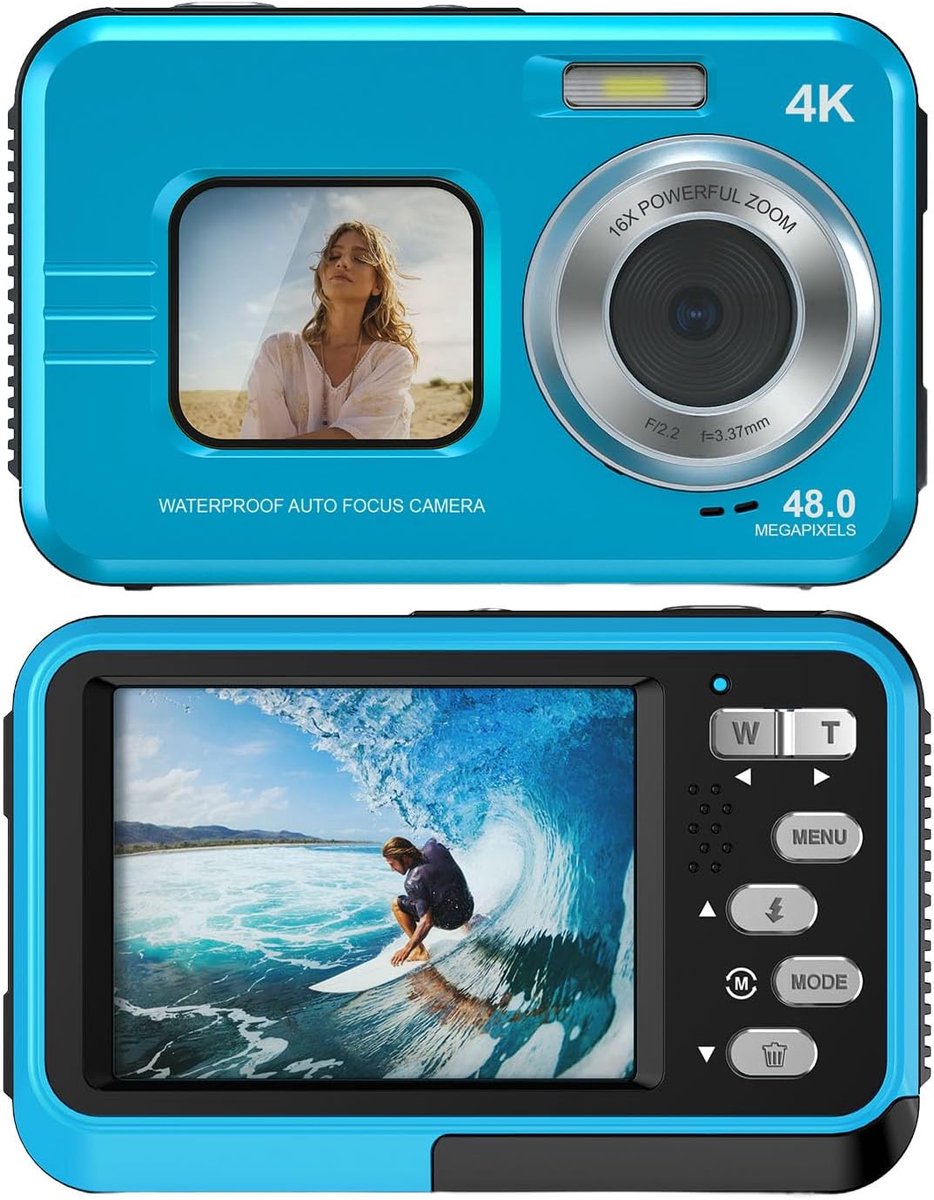 4K Onderwatercamera - 48 MP Autofocus Waterbestendige Digitale Camera met Dubbel Scherm, 3,5 Meter Waterdichte Actiecamera met 32 ​​GB Kaart voor Snorkelen, Zwemmen - blauw