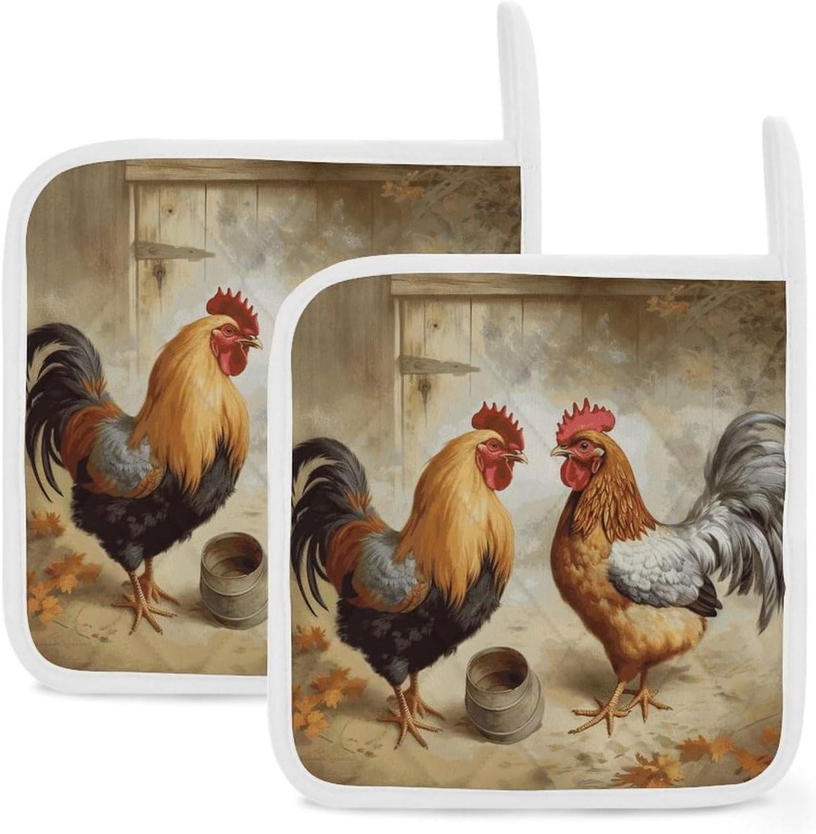 Pannenlappen set - Hittepads onderzetters - Keuken beschermen - Dubbellaags ontwerp - 20.3 x 20.3 cm - Kip en haan print