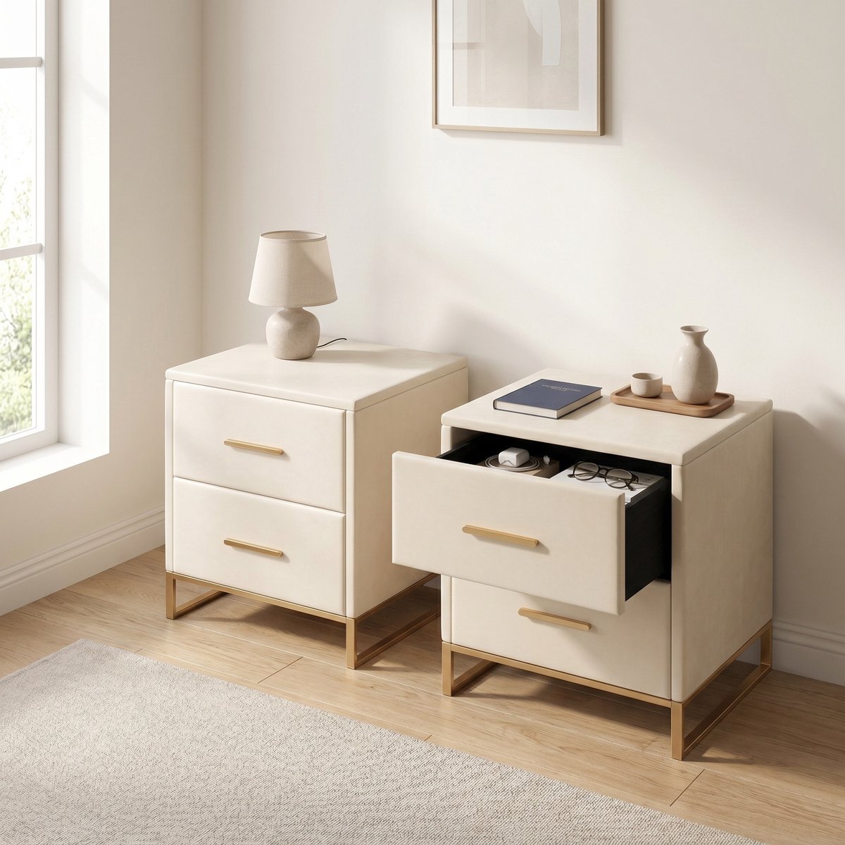 Set van 2 Nachtkastjes - 40x40x50cm - met 2 lades - Fluwelen bekleding en gouden metalen poten - Modern - Beige