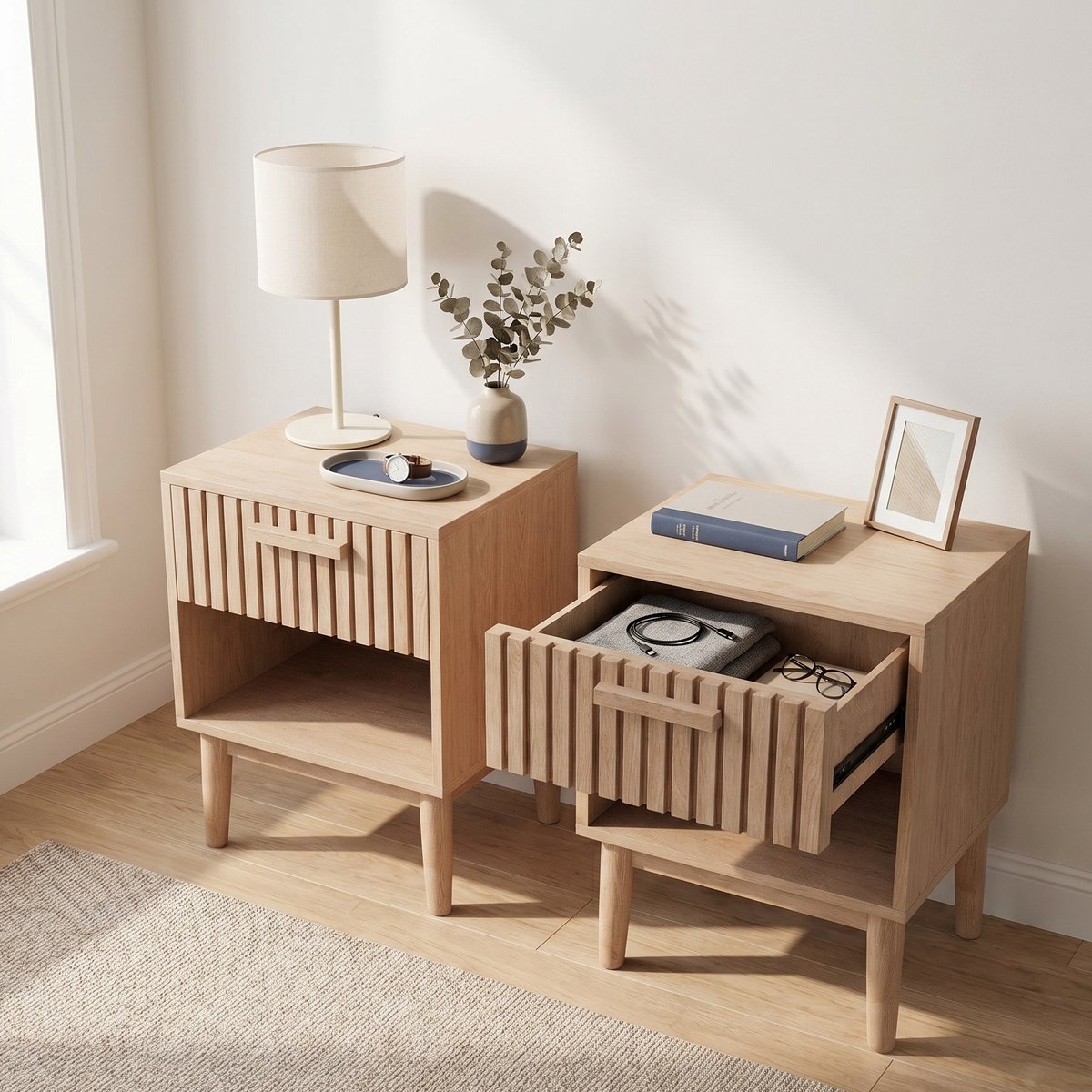 Set van 2 Nachtkastjes - 40x35x55 cm - met lade en open vak - massief houten poten - Scandinavisch - Houtkleur