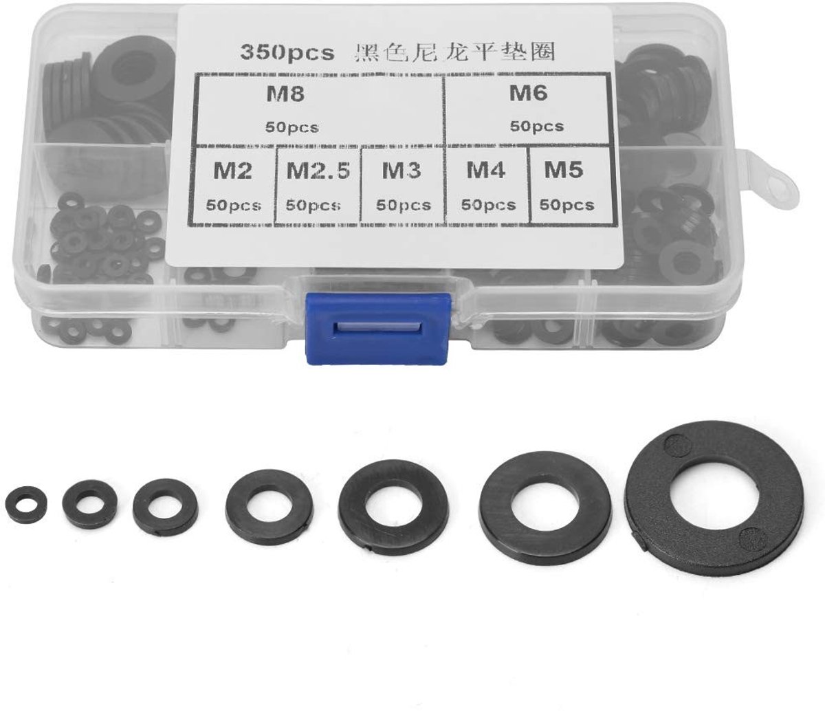 SOUQONE- Pakking Set 350 Stuks - Nylon Sluitringen M2/M2.5/M3/M4/M5/M6/M8 - Platte Ringen - Opbergdoos - Schokbestendig en Corrosiebestendig - Sluitring
