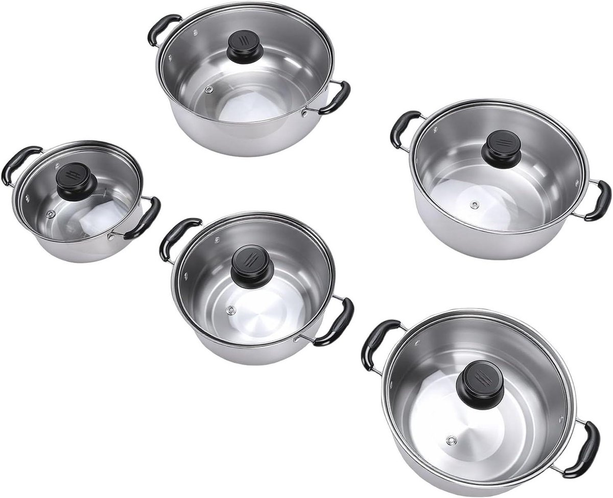 Kookpannenset RVS - Pannen Set - Dagelijks Koken - 5 Delig Met Deksel - Diverse Maten - Zilver
