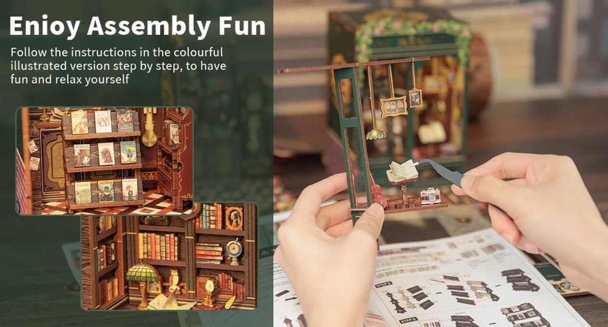 CuteBee Book Nook - Modelbouw - Houten 3D Puzzel - DIY Bouwpakket Volwassenen en Volwassenen - Boekensteun - Boekenhouder - Owl Bookstore — afbeelding 12