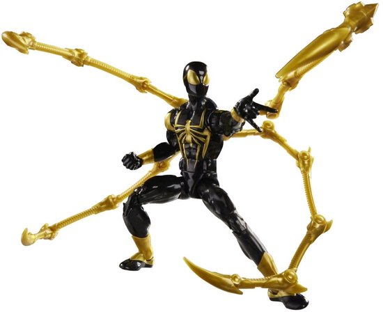 Actiefiguur van Iron Spider in zwart en goud, met wijzende vinger en vier gele robotarmen.